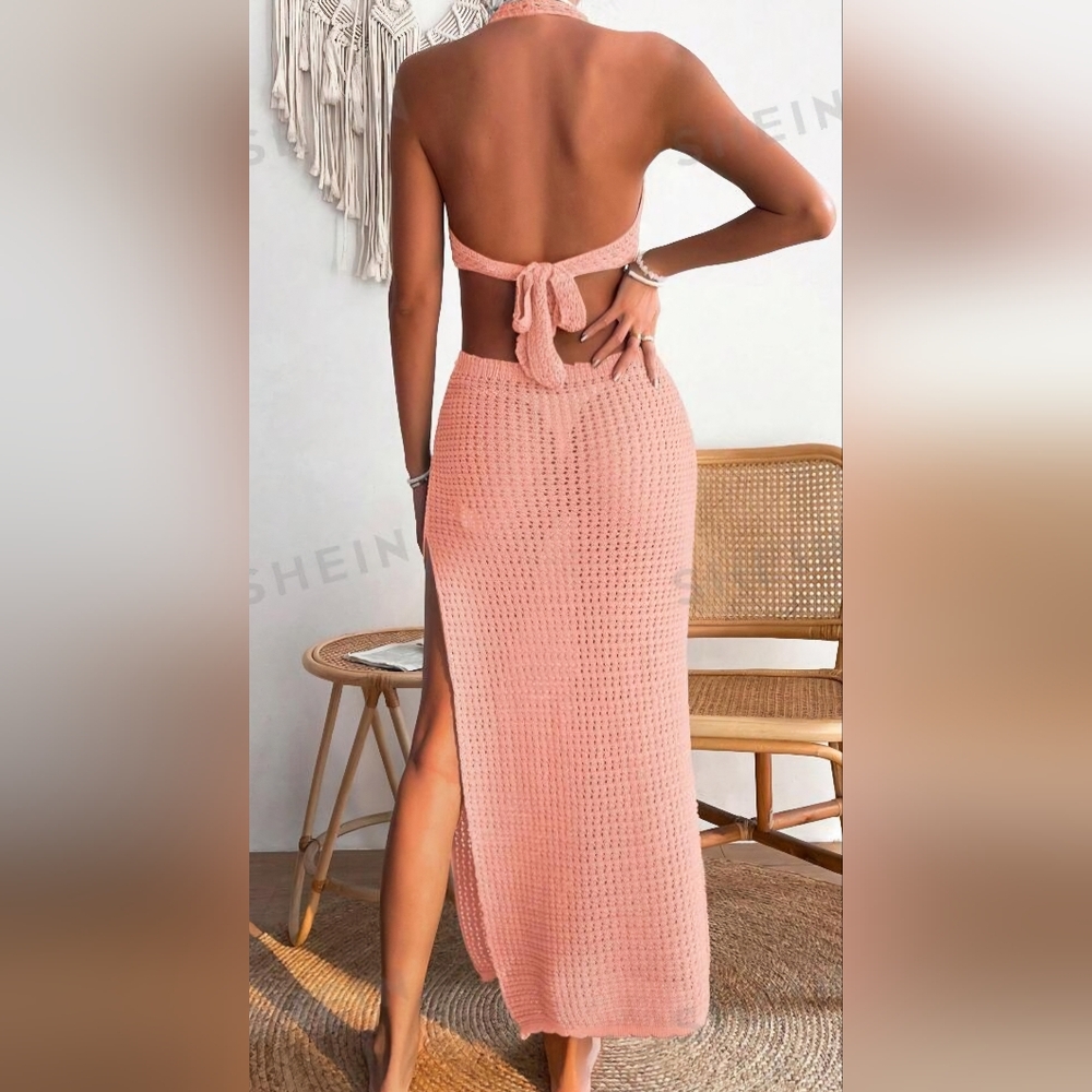 Crochet Center Ring Halter Coverup Dress, Sepia. Large - Picture 2 of 13